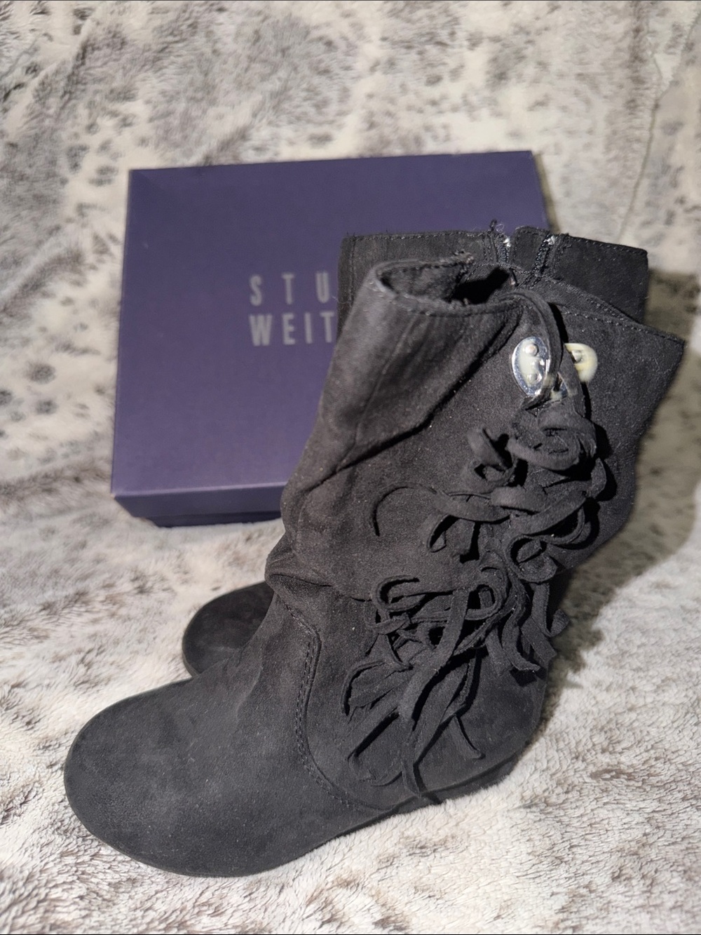 Stuart Weitzman Black Suede Fringe Button Ankle Boots